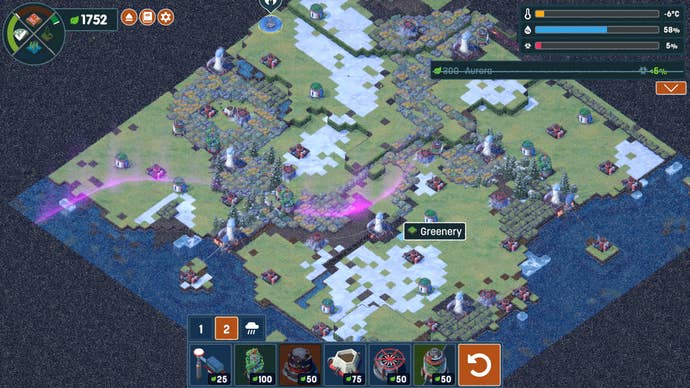 A screenshot from Terra Nil. Bertie has significantly regrown the Arctic biome now. The waters are blue again, the land is green, and the aurora has returned. It’s not yet refrozen though - that’s the next step.