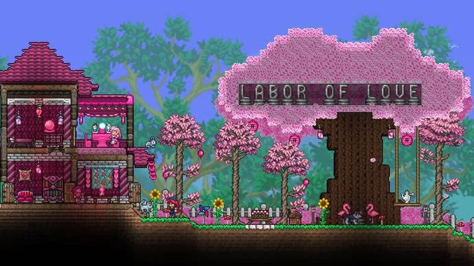A tree with pink blossoms and a pretty pink house in art for Terraria’s Labor Of Love update.