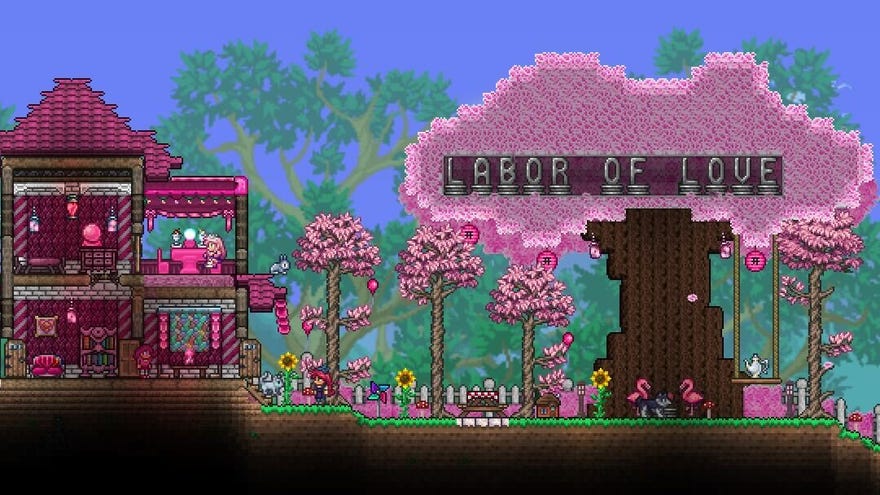 A tree with pink blossoms and a pretty pink house in art for Terraria’s Labor Of Love update.
