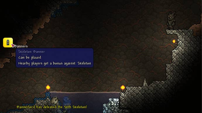 The player uses the menu to place a skeleton banner in Terraria’s 1.4.5 update