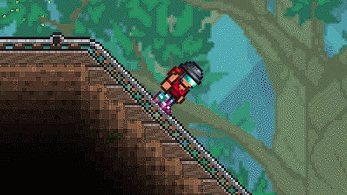 A player grinds down rails wearing roller skates in Terraria’s 1.4.5 update