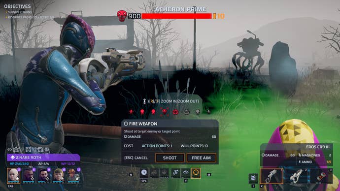 Some green mist and an alien in silhouette through some regular mist in Terror From The Void, a Phoenix Point mod.