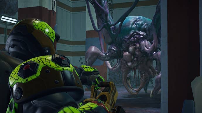 A soldier looks at an alien, the alien has tumours and crab legs, in Terror From The Void, a Phoenix Point mod.