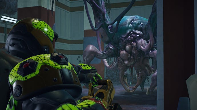 A soldier looks at an alien, the alien has tumours and crab legs, in Terror From The Void, a Phoenix Point mod.