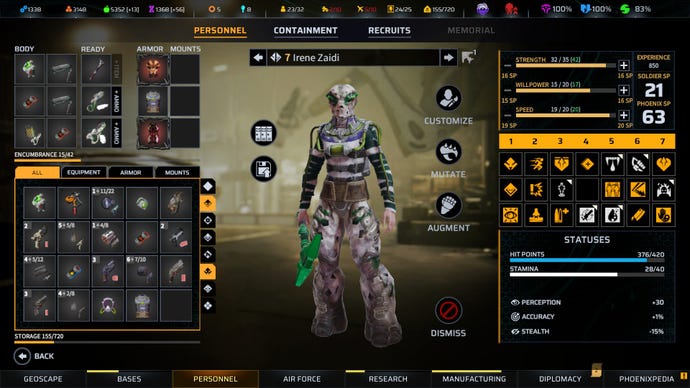 The soldier loadout menu in Terror From The Void, a Phoenix Point mod.