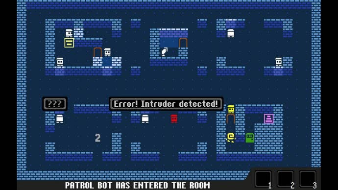 The player navigates the blue walls of Tiny Heist as a small yellow thief. One of the white guardbots is shouting “Error! Intruder detected!"