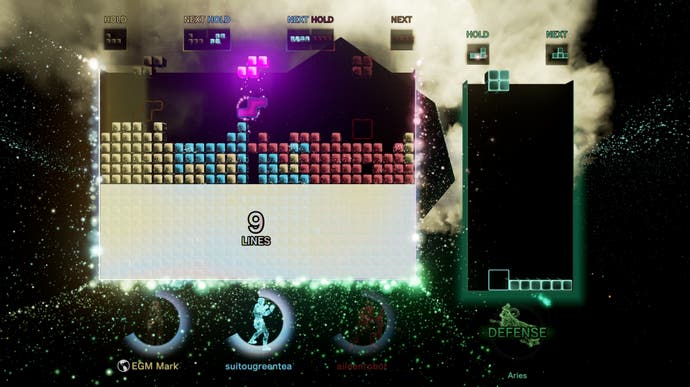 A multiplayer game of Tetris Effect: Connected with all three player boards joined together.