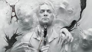 The Evil Within 2 lead art of a man lying down in a white pool holding a gun. He is being held back by masked figures