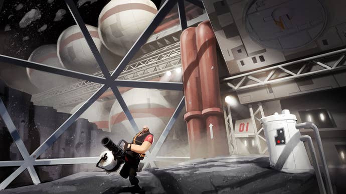 Team Fortress 2’s Heavy Weapons Guy walking through the Moonbase map.