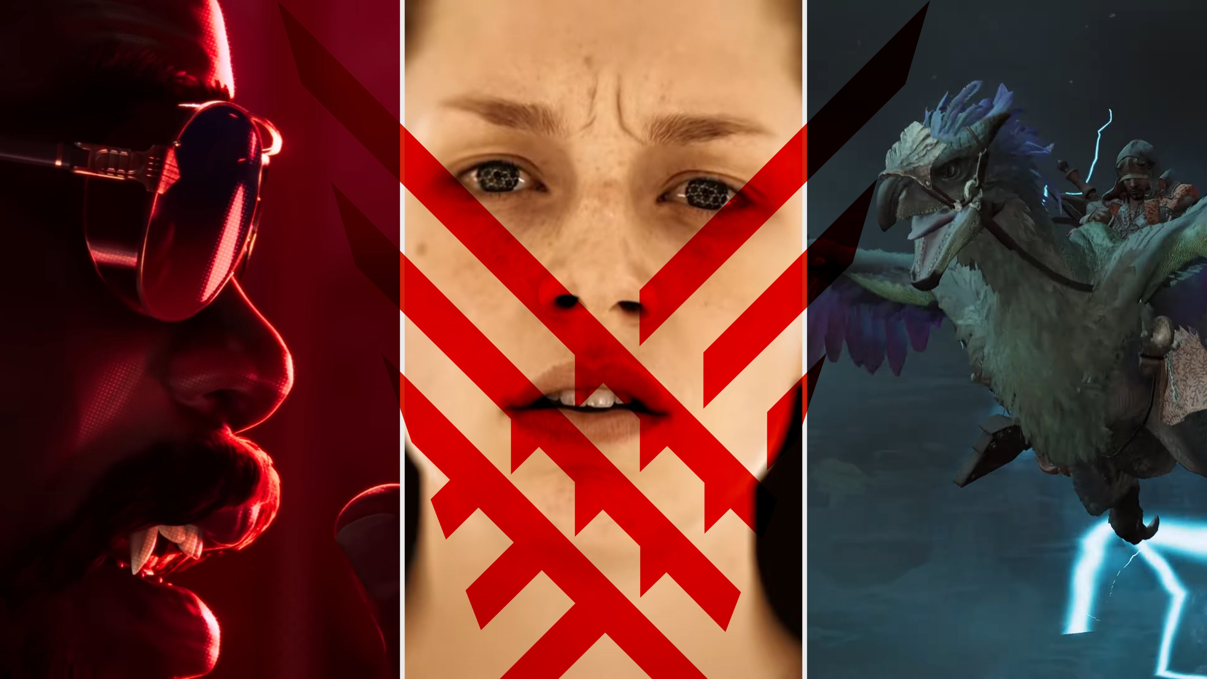 A side-by-side collation of screenshots from three trailers of The Game Awards 2023. Left: Marvel&rsquo;s Blade. Centre: OD. Right: Monster Hunter Wilds.