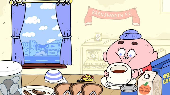 A screen of Thank Goodness You're Here, showing a cartoon person drinking coffee at home, looking with surprise at a small yellow person who has possibly fallen out of the overturned sugar bowl and lies possibly unconscious on the table