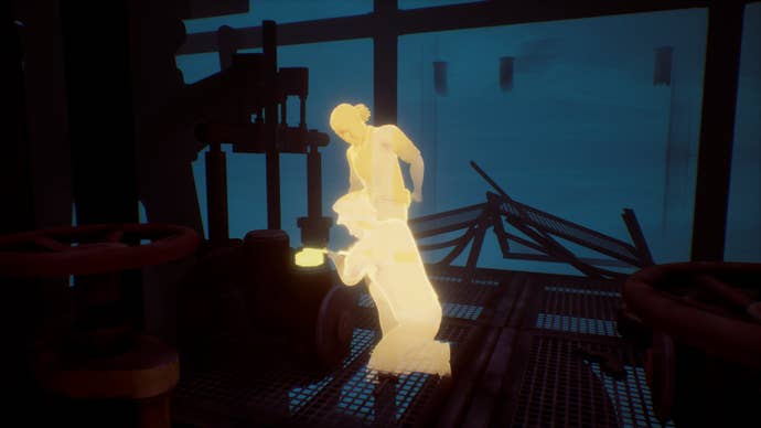 Two glowing figures examine a piece of ruined boat in Thalassa: Edge of the Abyss
