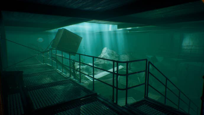 Underwater railings and light shining down from above on a sunken ship in Thalassa: Edge of the Abyss.