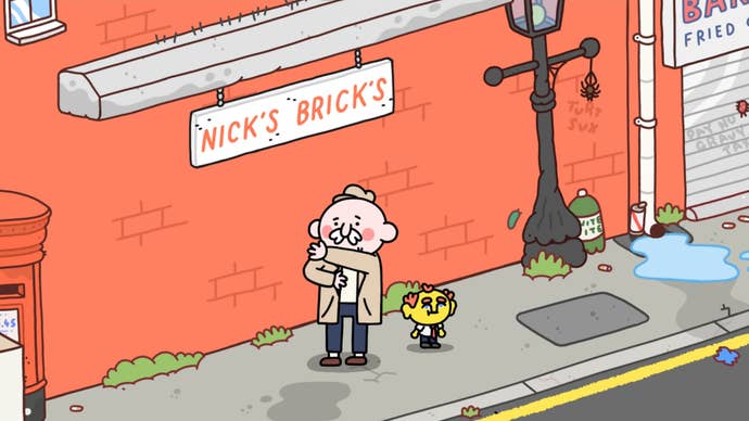 Nick’s Bricks store, which is just a brick wall, in Thank Goodness You’re Here.