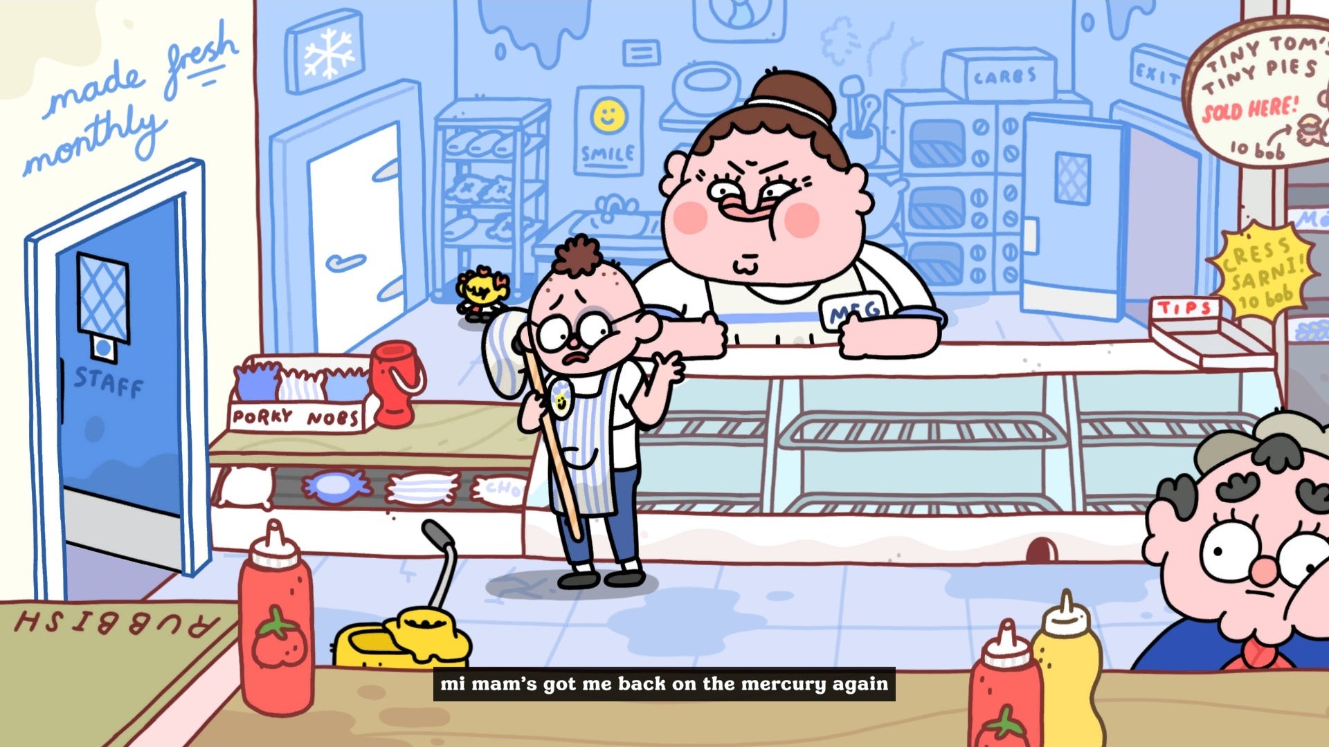 A nervous boy mops the shop floor in Thank Goodness You're Here. - 9