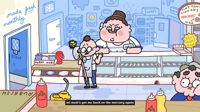 A nervous boy washes the floor in a store in the movie Thank God You're Here.