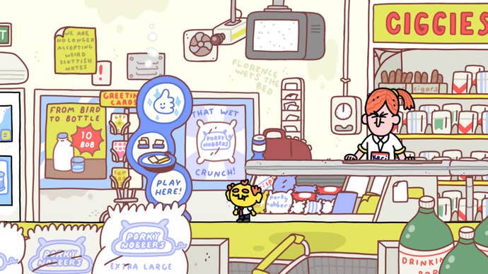 A supermarket, including one of those Lotto-playing standees in Thank Goodness You’re Here.