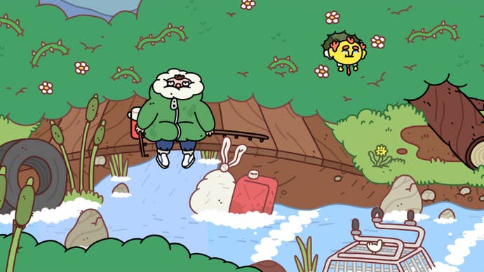 Beside a river, a boy in a parka looks tired, and a small yellow fellow pokes out of a bush in Thank Goodness You’re Here.