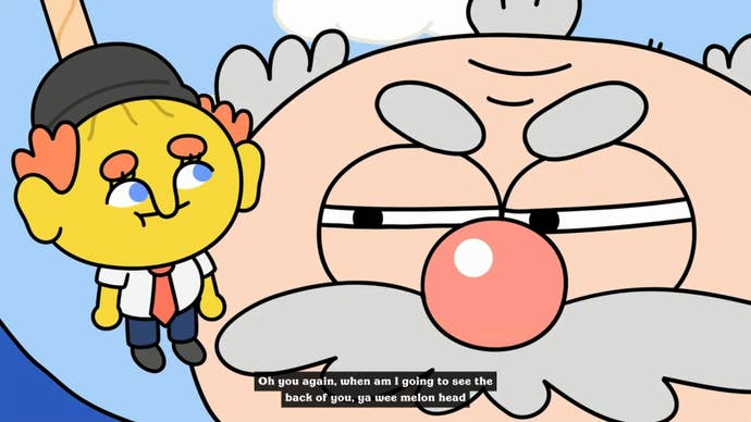 A man holds a small yellow fellow in the end of a plunger and stares at him with narrowed eyes in Thank Goodness You’re Here.