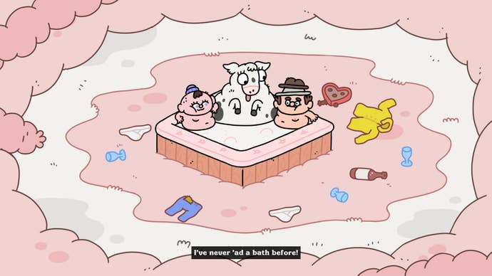 A cow hangs out in a hot tub with two fellas in Thank Goodness You’re Here.