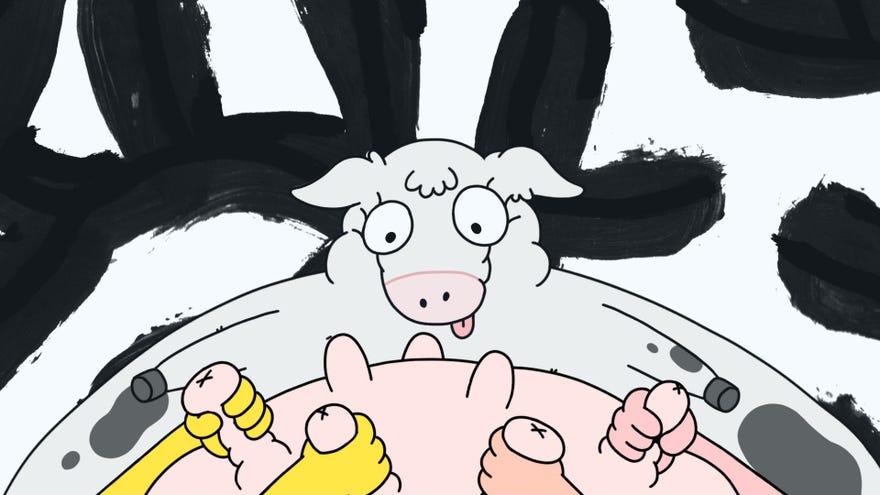 A cow looks thrilled to be milked in Thank Goodness You’re Here.