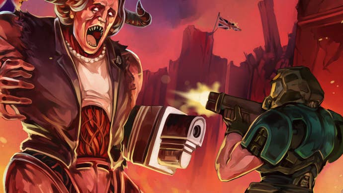 Promotional art for Doom WAD Thatcher’s Techbase showing Doomguy facing off against a demonic Margaret Thatcher in hell.