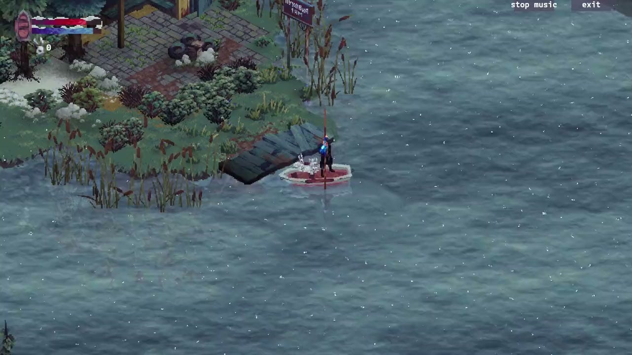 Punting a boat full of rabbits in a Thawed Waters screenshot.