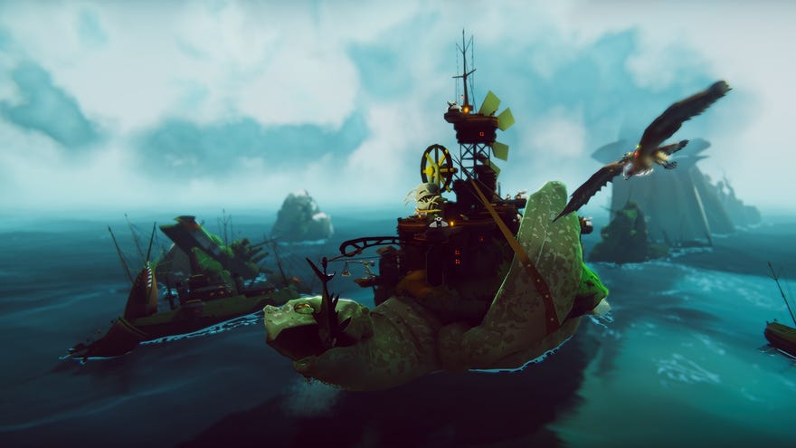 The Falconeer Atun’s Folly DLC - A falcon flies over top of a collection of buildings perched on the back of a giant sea turtle.