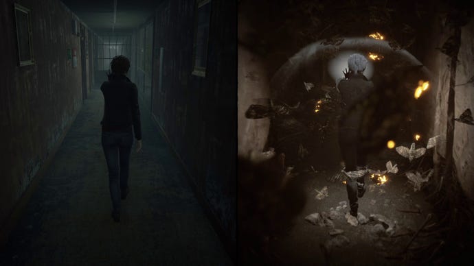 Mariane walks down a hallway in The Medium, on both sides of living/dead divide. On the dead side she is using her light powers to ward off a cloud of death’s head moths.