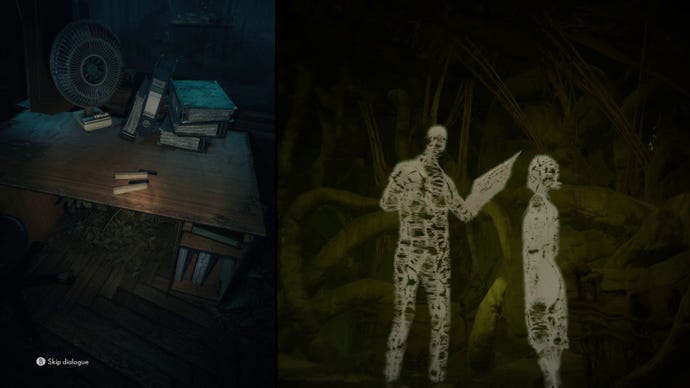 A screenshot showing Mariane’s point of view. She’s looking at a desk in the real world, and on the dead side of The Split she’s looking at two ghosts of memory, an adult man and a young girl.