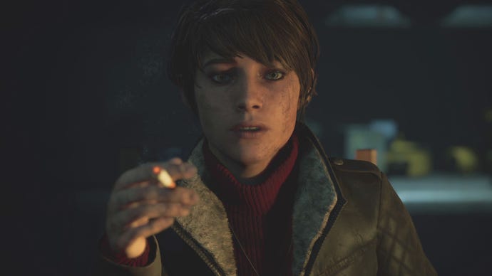 A screenshot of Mariane, the medium from The Medium. She’s a young white woman with short dark hair, and is smoking a cigarette and covered in dirt.