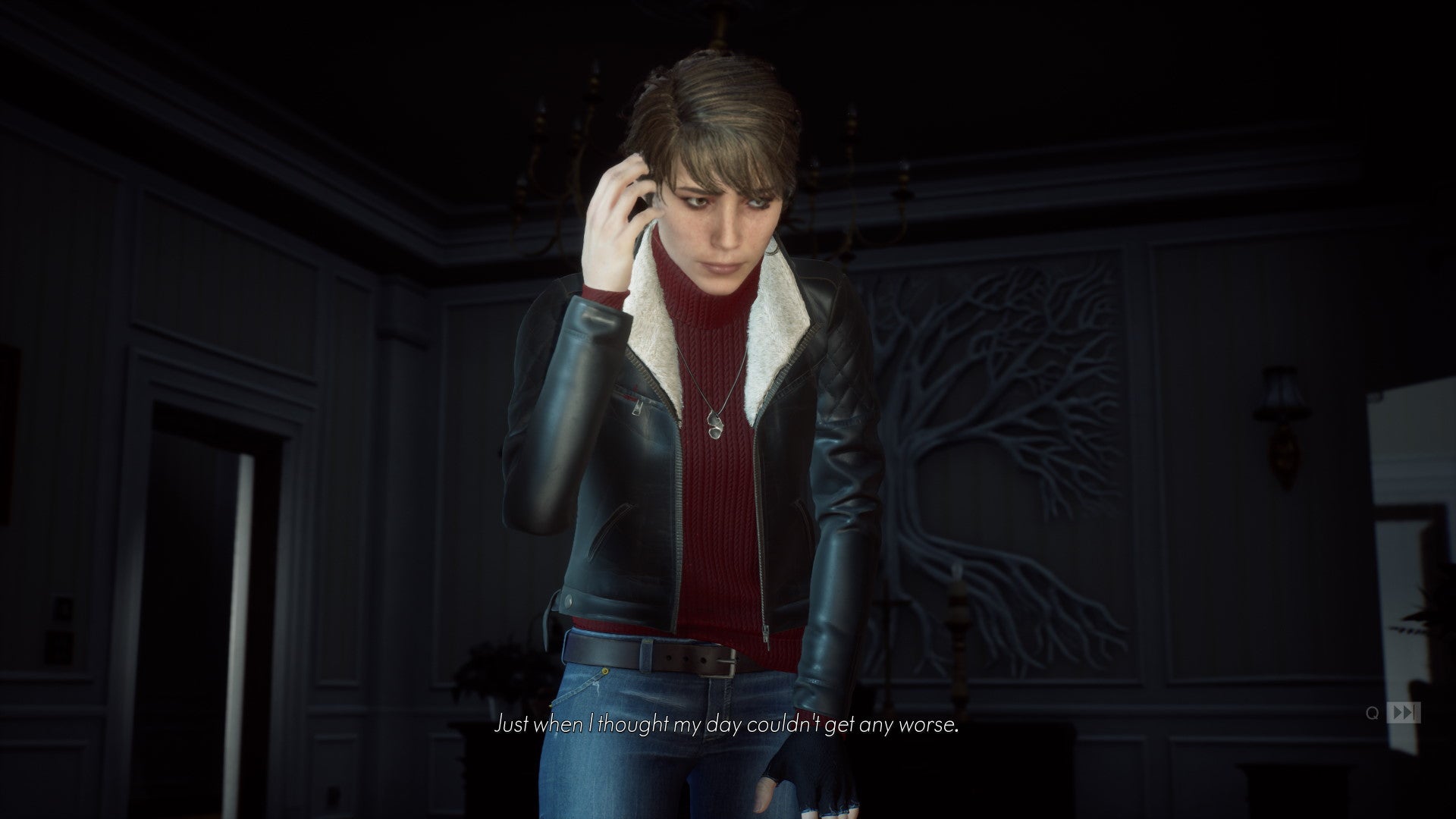 A screenshot of Marianne in a dark room in The Medium