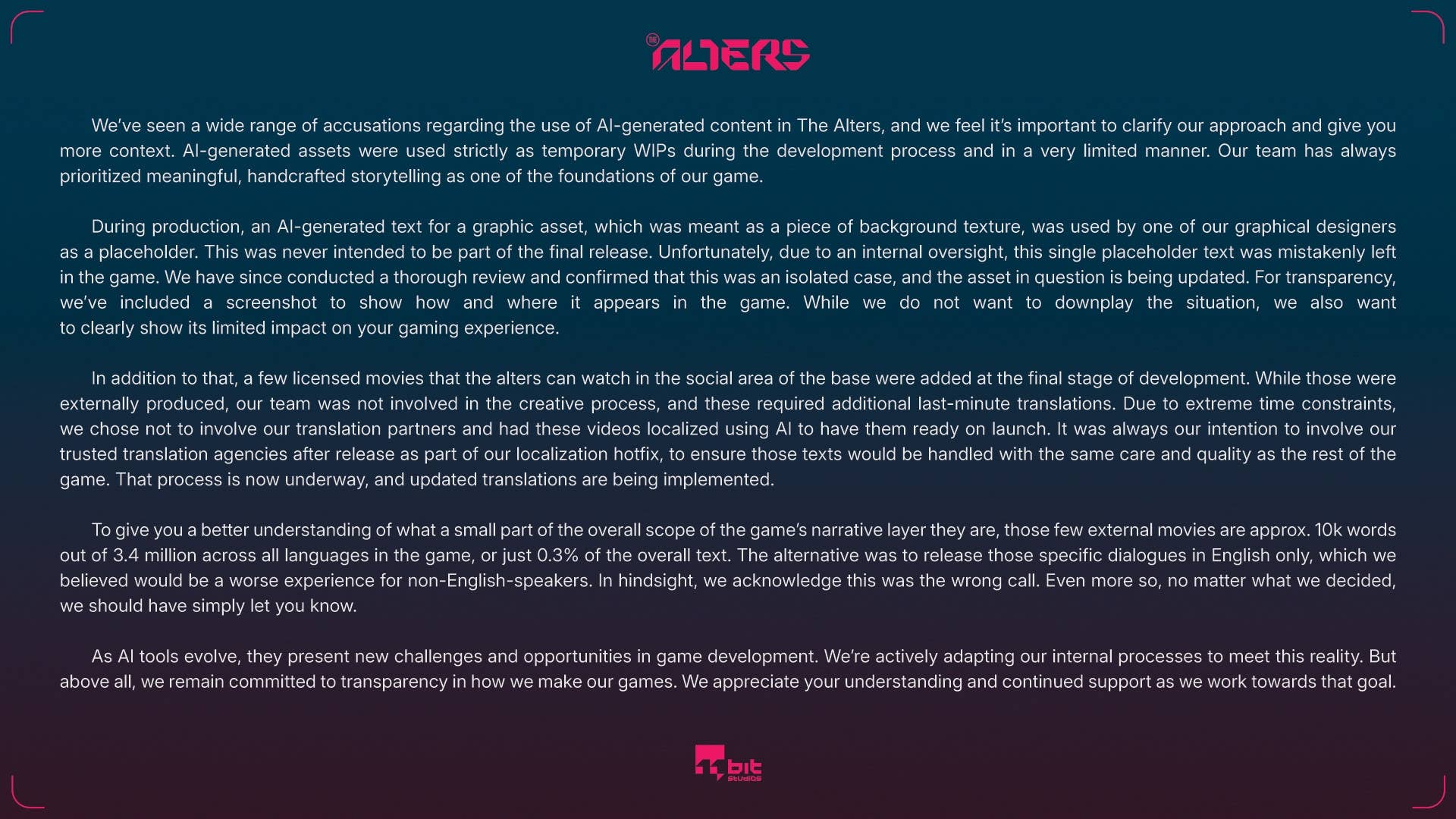 An apology from 11-Bit Studios about the use of AI in The Alters