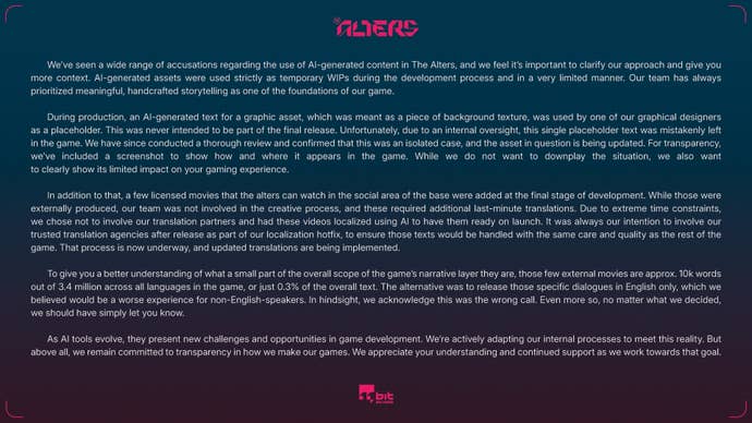 An apology from 11-Bit Studios about the use of AI in The Alters