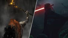On the left, Radagon in a foggy area, lifting up a hammer in the air in Elden Ring. On the right, The Stranger preparing to stab someone with their red lightsaber in The Acolyte.