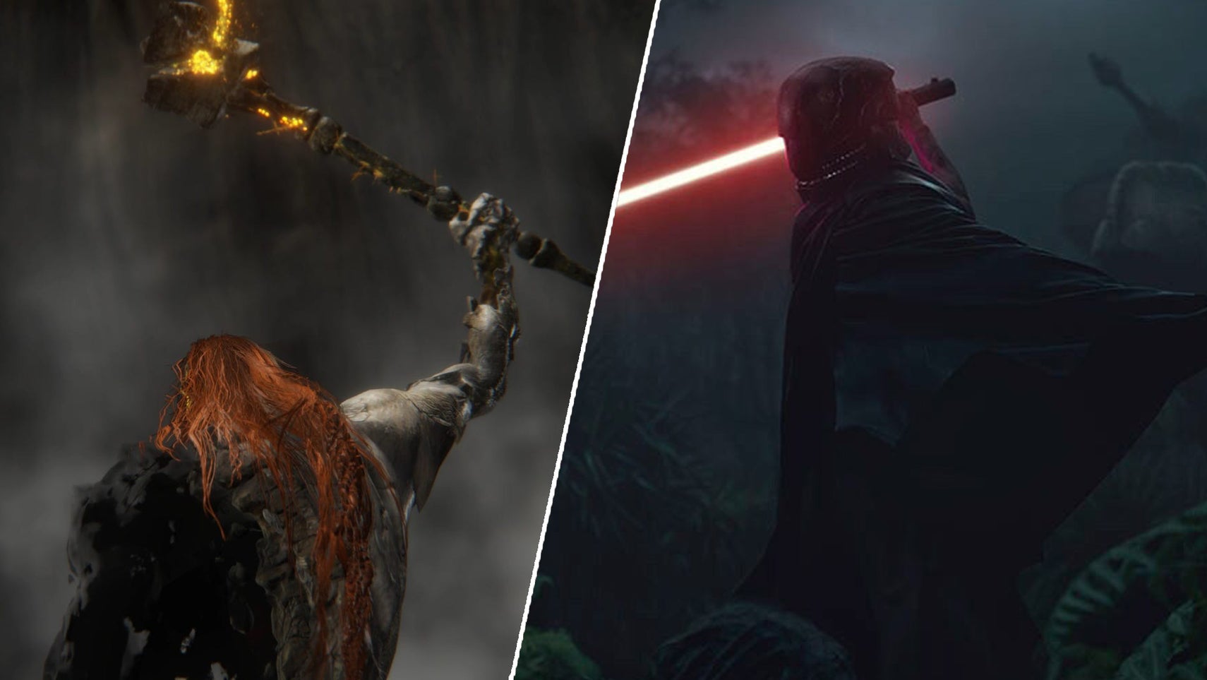 On the left, Radagon in a foggy area, lifting up a hammer in the air in Elden Ring. On the right, The Stranger preparing to stab someone with their red lightsaber in The Acolyte. - 1