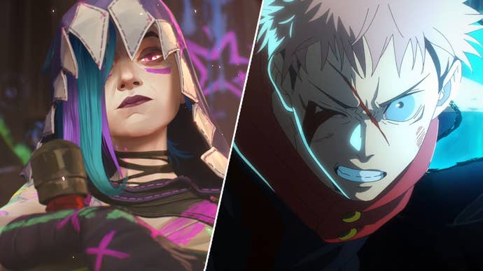 On the left, Jinx from Arcane, she’s wearing a hoodie with fabric teeth adorned on it. On the right, Yuji from Jujutsu Kaisen, he’s got a scar on his face, and he’s winding up a punch filled with energy.
