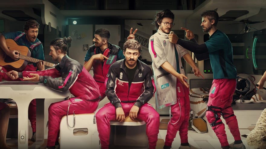 The central cast of The Alters, identical copies of the same man inside a space ship