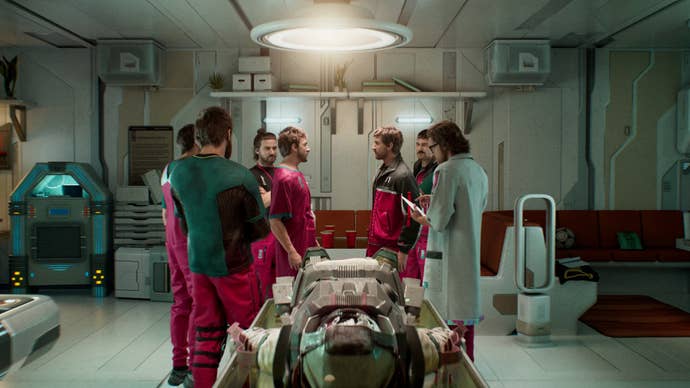 Several of the same person stood in a sci-fi lab talking about something in The Alters.