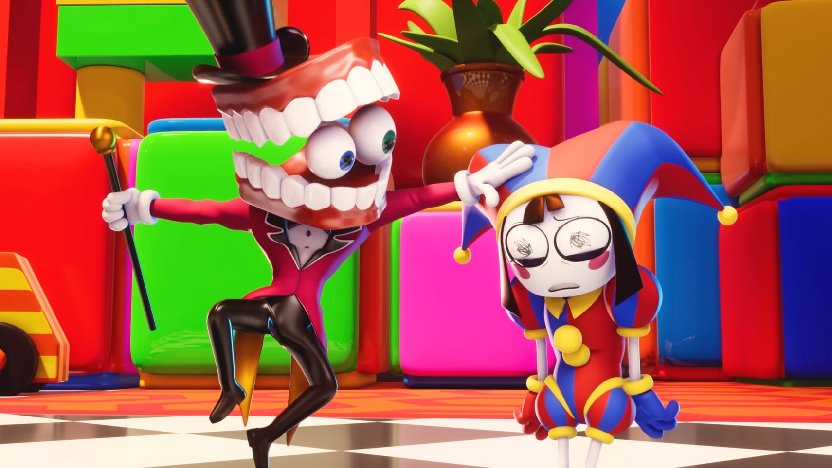 A still from The Amazing Digital Circus showing a person with dentures and two eyeballs for a head petting the head of a confused looking clown girl. - 1
