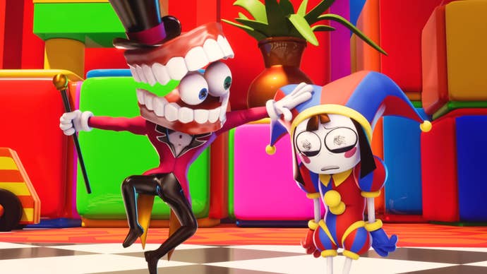 A still from The Amazing Digital Circus showing a person with dentures and two eyeballs for a head petting the head of a confused looking clown girl.