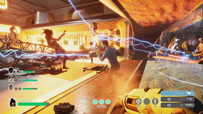 Humans wield a lightning coil gun against a horde of aliens in The Anacrusis