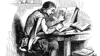 A wood engraving of a man with a pointed beard leaning over a desk and writing with a quill pen. Stacks of books surround him. The full engraving is called Author, by Tony Jahonnot