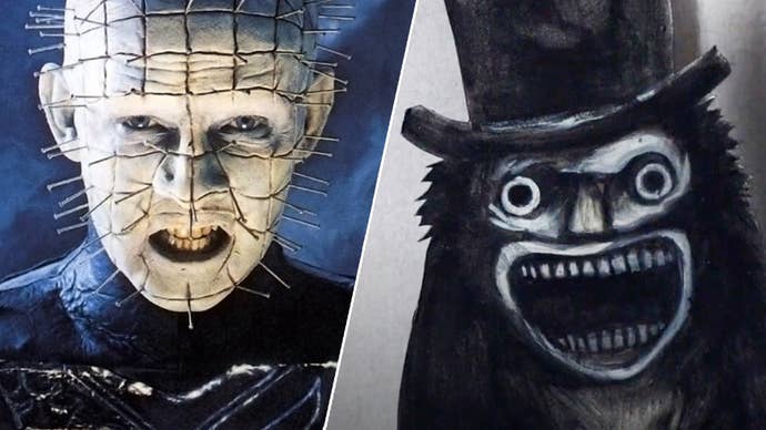 On the left, the lead cenobite from Hellraiser, pins sticking out of his very white head, scowling at the camera. On the right, a drawing of The Babadook done in charcoal.