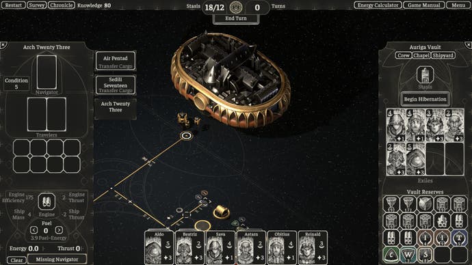 Screenshot from The Banished Vault showing the Vault ship and overlay of its storage and the Exiles on board