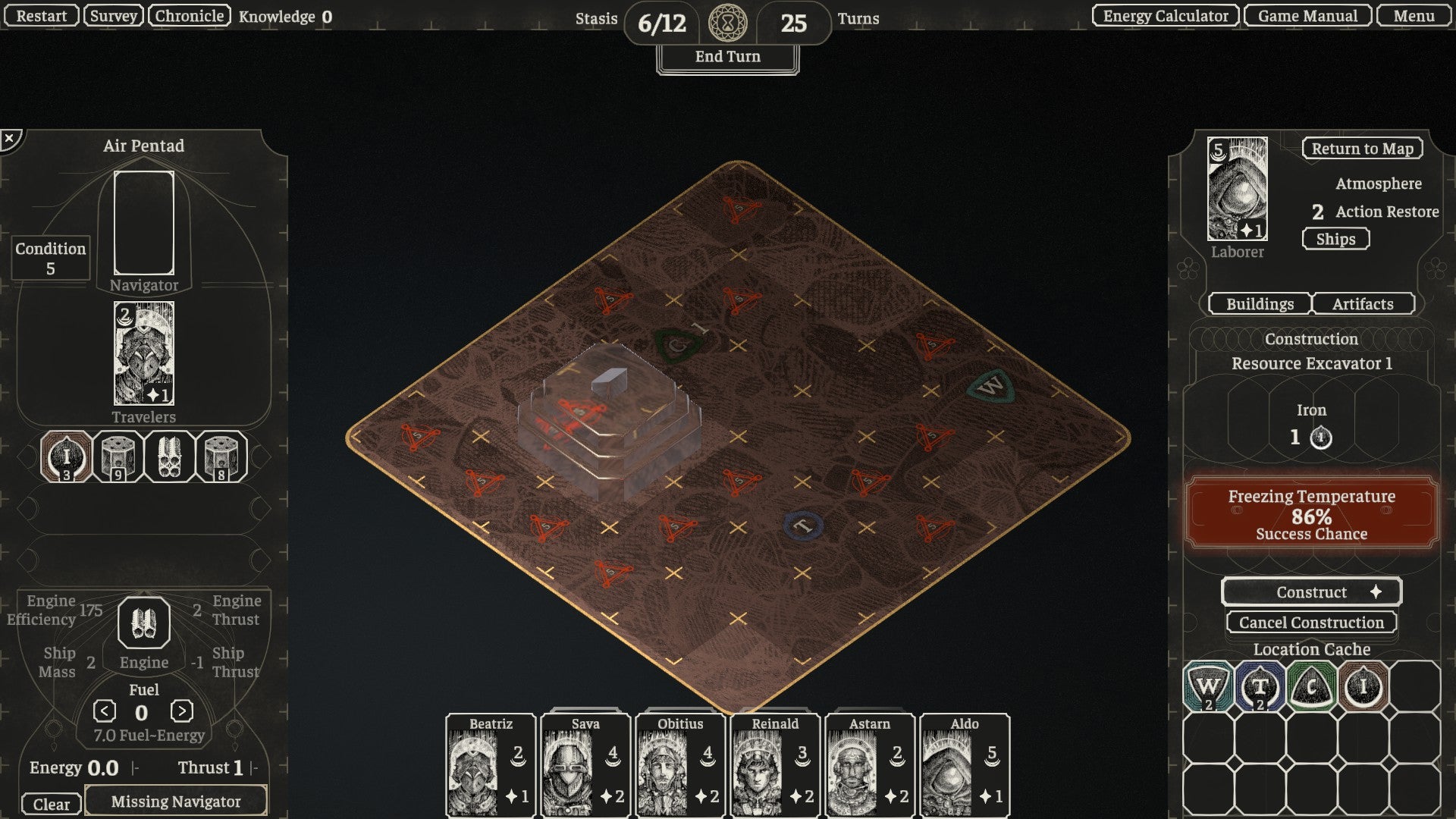 Screenshot from The Banished Vault showing a building hazard for constructing on a planet&rsquo;s surface.
