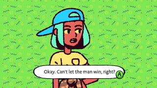 A screenshot from The Big Con showing protagonist Ali in front of a squiggly green background, along with a speech caption reading, "Okay. Can't let the man win, right?".