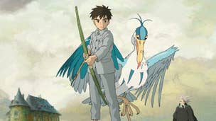Mahito, a boy holding a homemade bow and arrow, is stood in front of a heron, an older man slightly behind them, as well as an old and slightly dilapidated building in a poster for The Boy and the Heron.