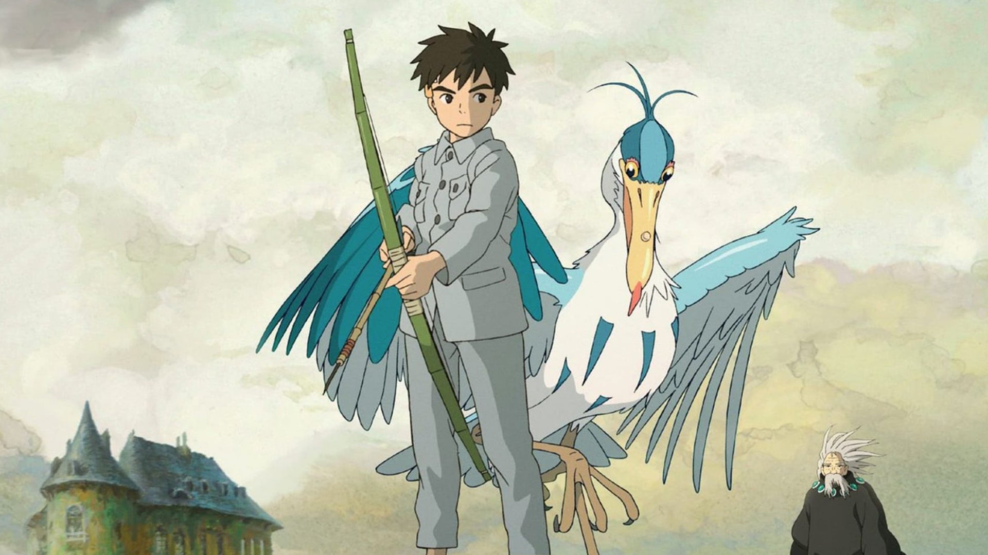 Mahito, a boy holding a homemade bow and arrow, is stood in front of a heron, an older man slightly behind them, as well as an old and slightly dilapidated building in a poster for The Boy and the Heron. - 1