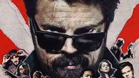 A poster for The Boys showing a Billy Butcher's head, sunglasses titled slightly so you can see his eyes, cutouts of various other characters below him.